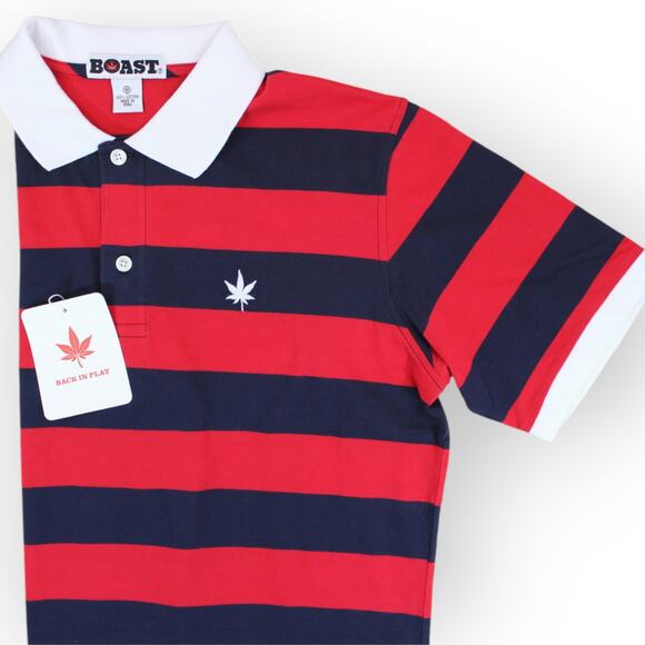 BOAST USA Mens S/S Wide Stripe Polo Red Navy White 100% Peruvian Pima Cotton - Picture 1 of 16